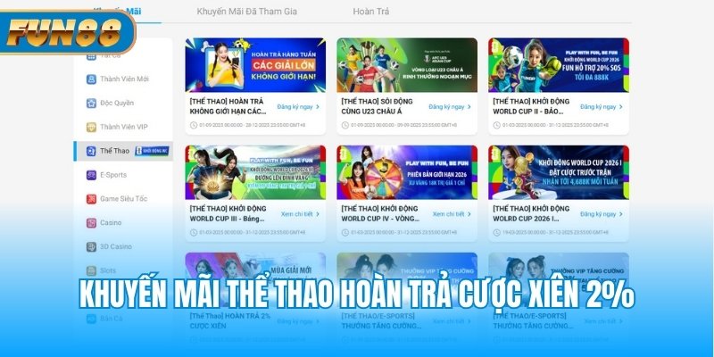Khuyến mãi thể thao hoàn trả cược xiên 2%